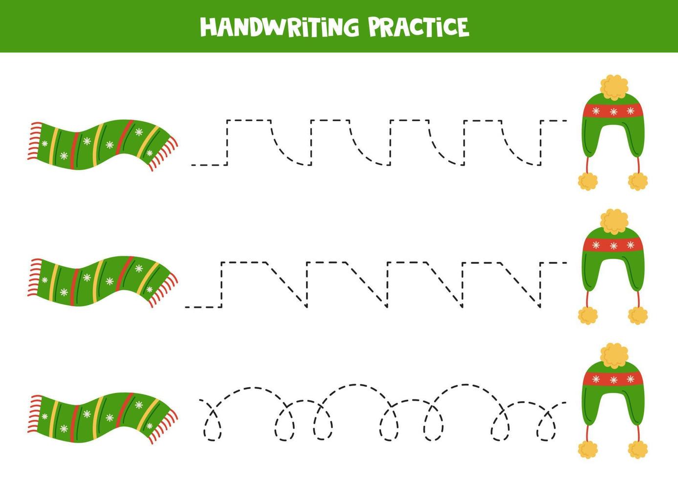 Tracing lines for kids. Christmas scarf and hat. Writing practice. vector