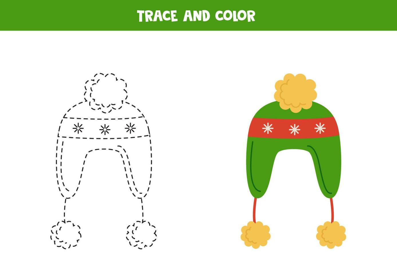 Trace and color cute cartoon Christmas cap. Worksheet for children. vector