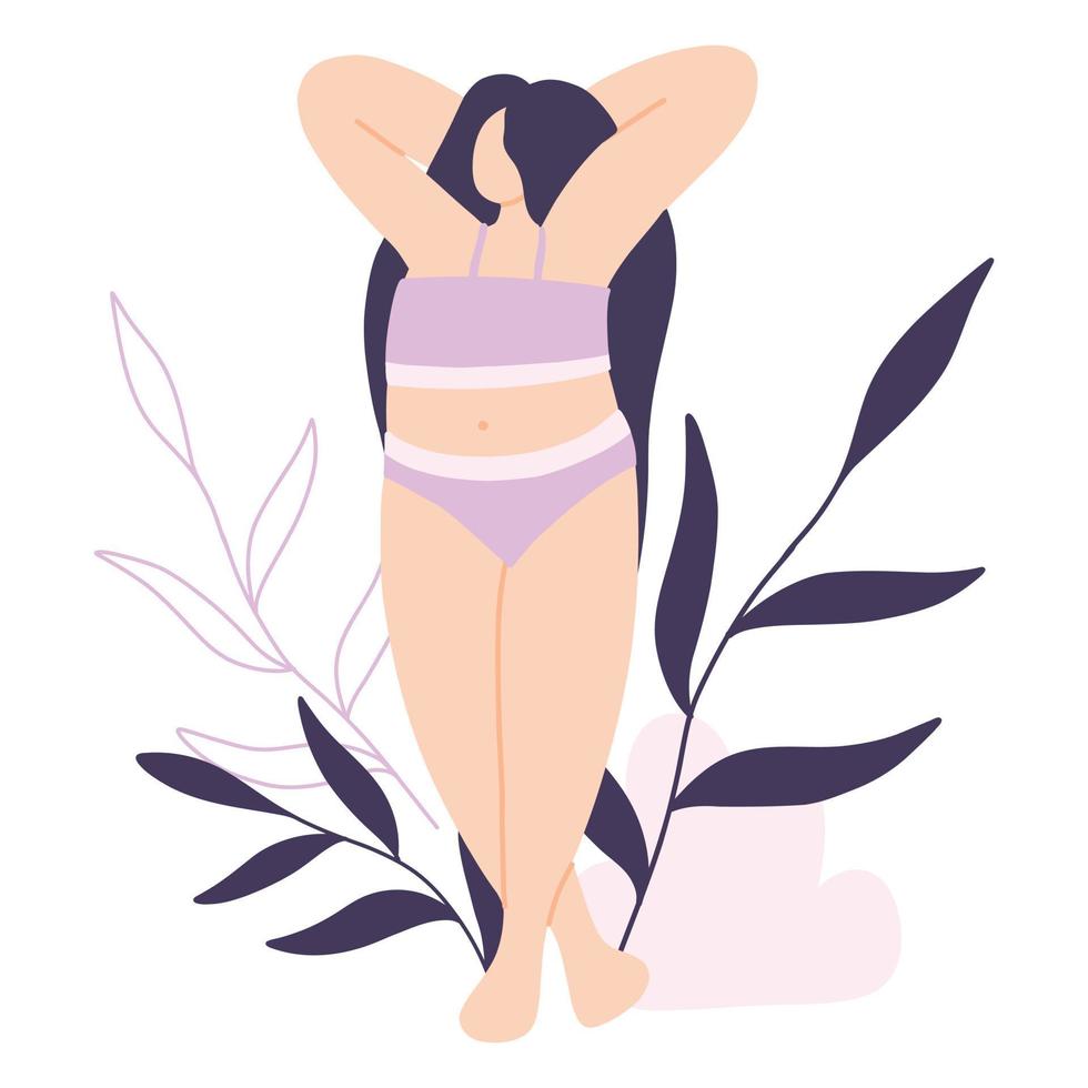 cuerpo de mujer positivo. cartel con chica y hojas. ilustración vectorial estilo plano vector