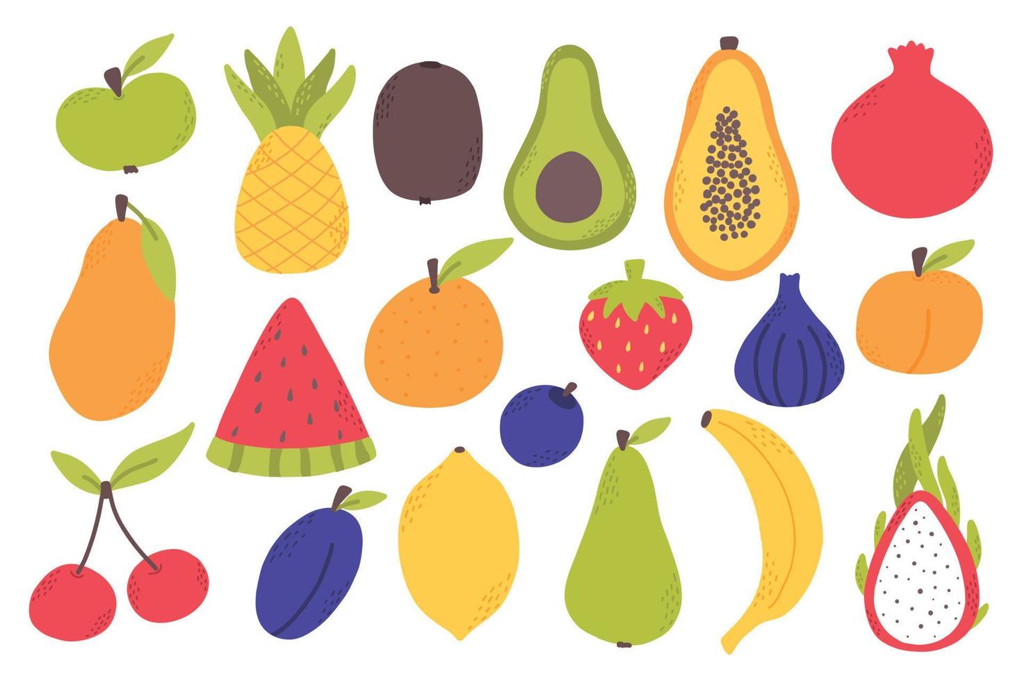 Tropical fruits set. Flat style. Collection of hand drawn fruits, apple, pear, dragon fruit, papaya. Vector illustration.