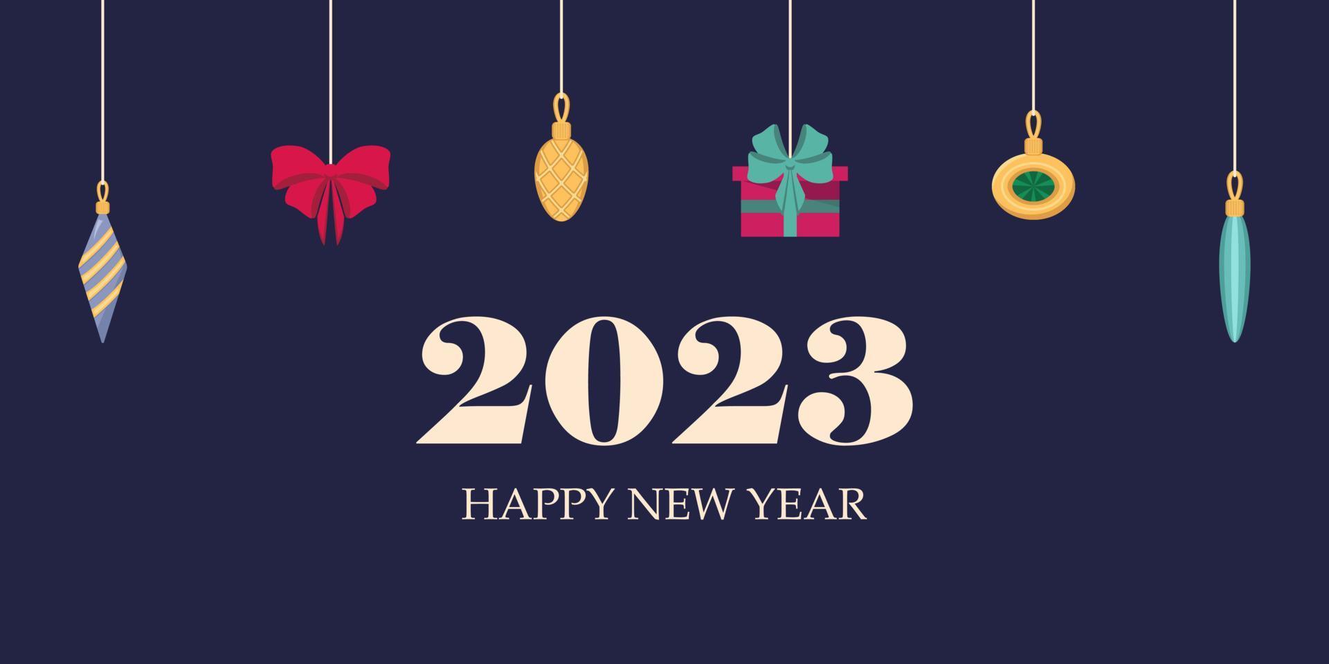Happy New Year Banner 2023 with Christmas decorations on ropes. vector illustration