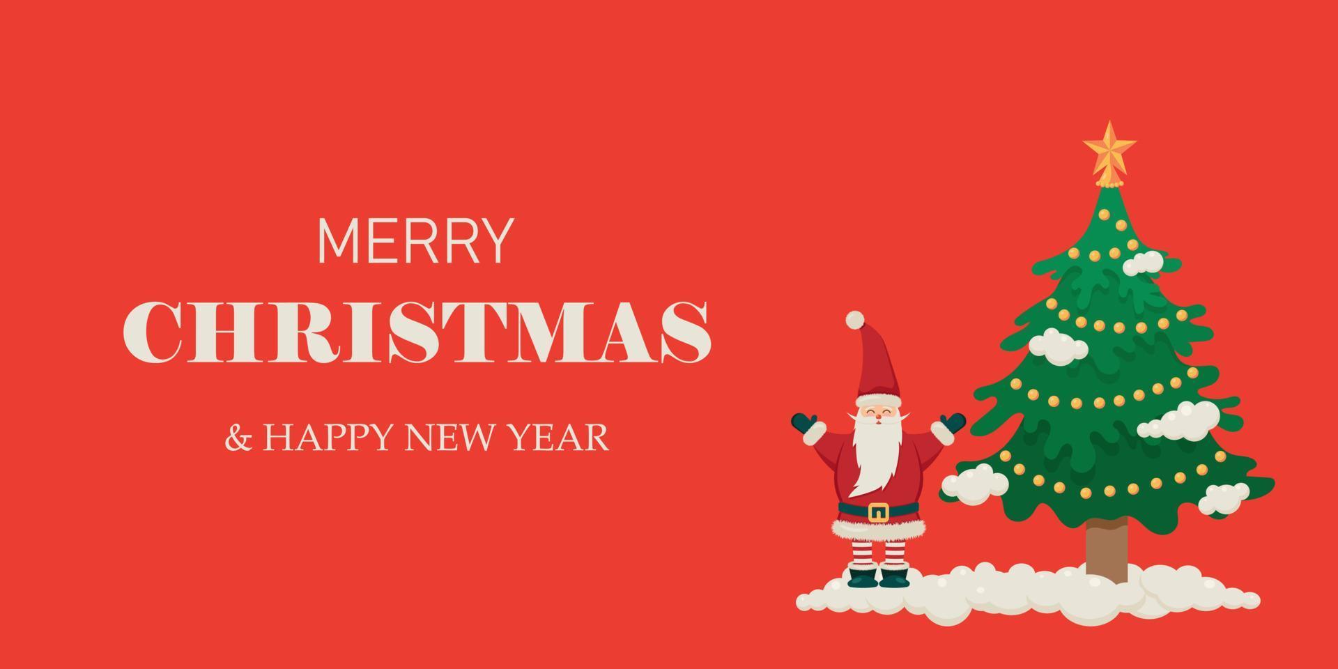 Merry Christmas and New Year banner with Santa Claus and Christmas tree on red background. vector illustration