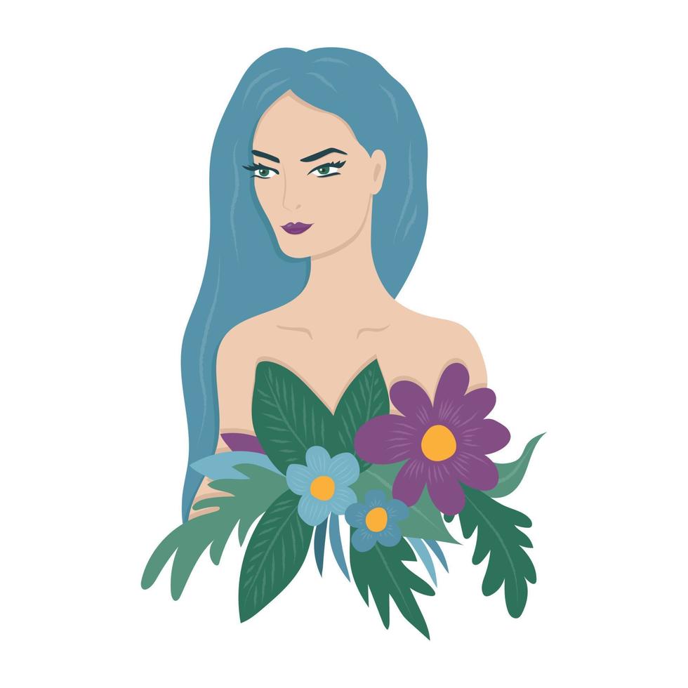 hermosa joven con cabello azul y un ramo de flores. ilustración vectorial vector