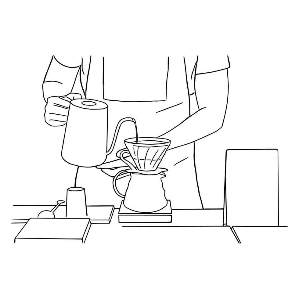 Line art minimal of barista pouring drip coffee in cafe, doodle style hand drawn concept vector