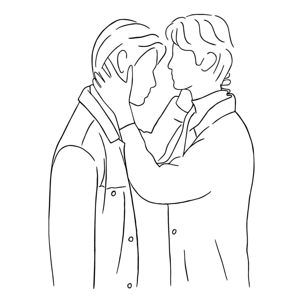 Line Art Minimal Of Gay Couple Embracing Together In Hand Drawn Love