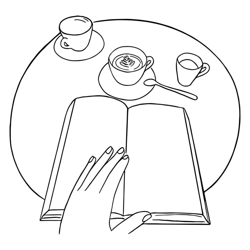 arte de línea mínimo de personas leyendo un libro con una mesa de café en el café, estilo garabato dibujado a mano vector