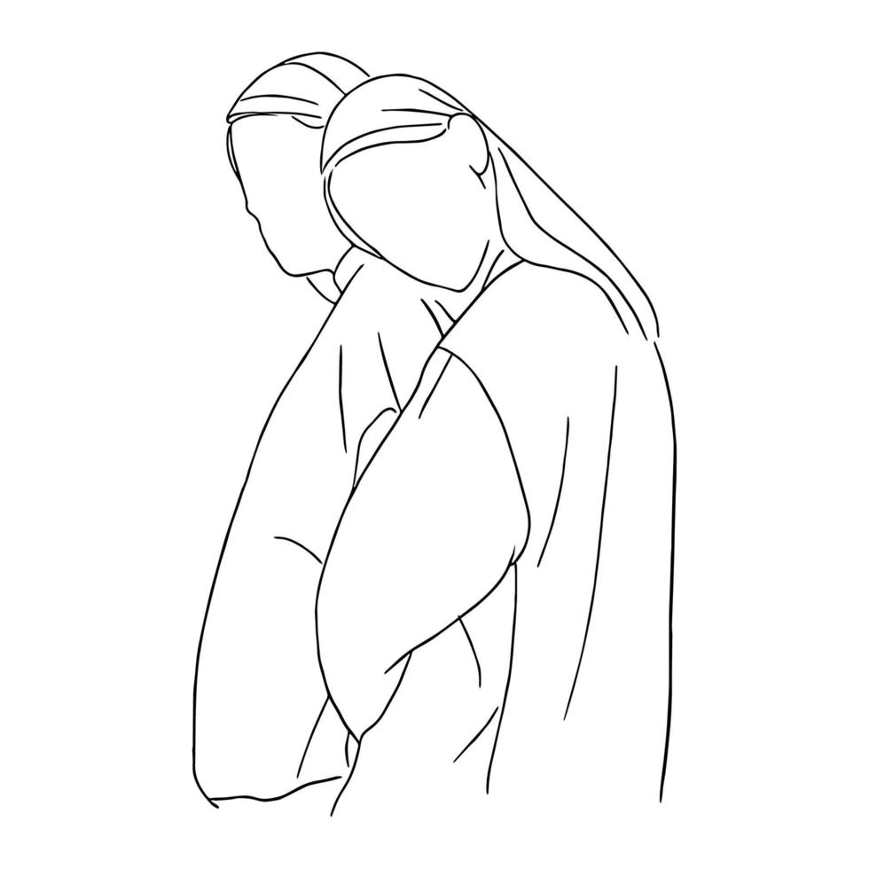 Line art minimal of lesbian embracing together in hand drawn love concept for decoration, doodle style, LGBTQ vector