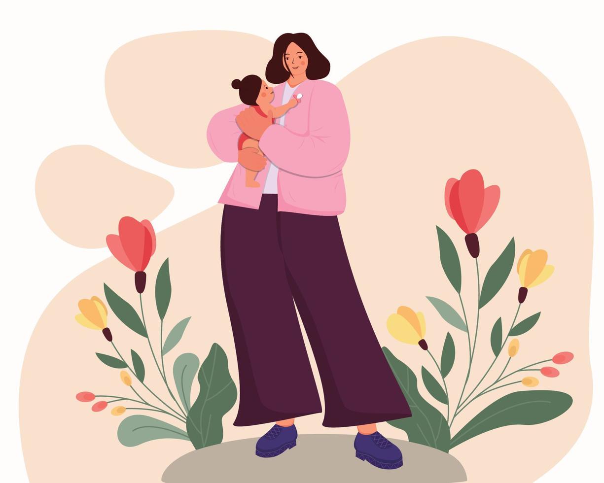 Young mother hugs her baby with love. vector