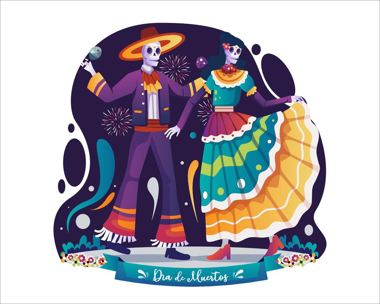 día de los muertos fiesta tradicional mexicana con esqueleto de mariachi con sombrero y catrina bailando juntos. ilustración vectorial en estilo plano vector