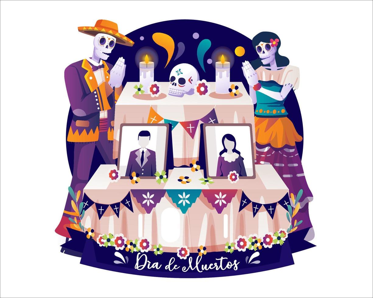 día de muertos fiesta tradicional mexicana con esqueleto de mariachi con sombrero y catrina rezando manos cerca del altar u ofrenda. ilustración vectorial en estilo plano vector