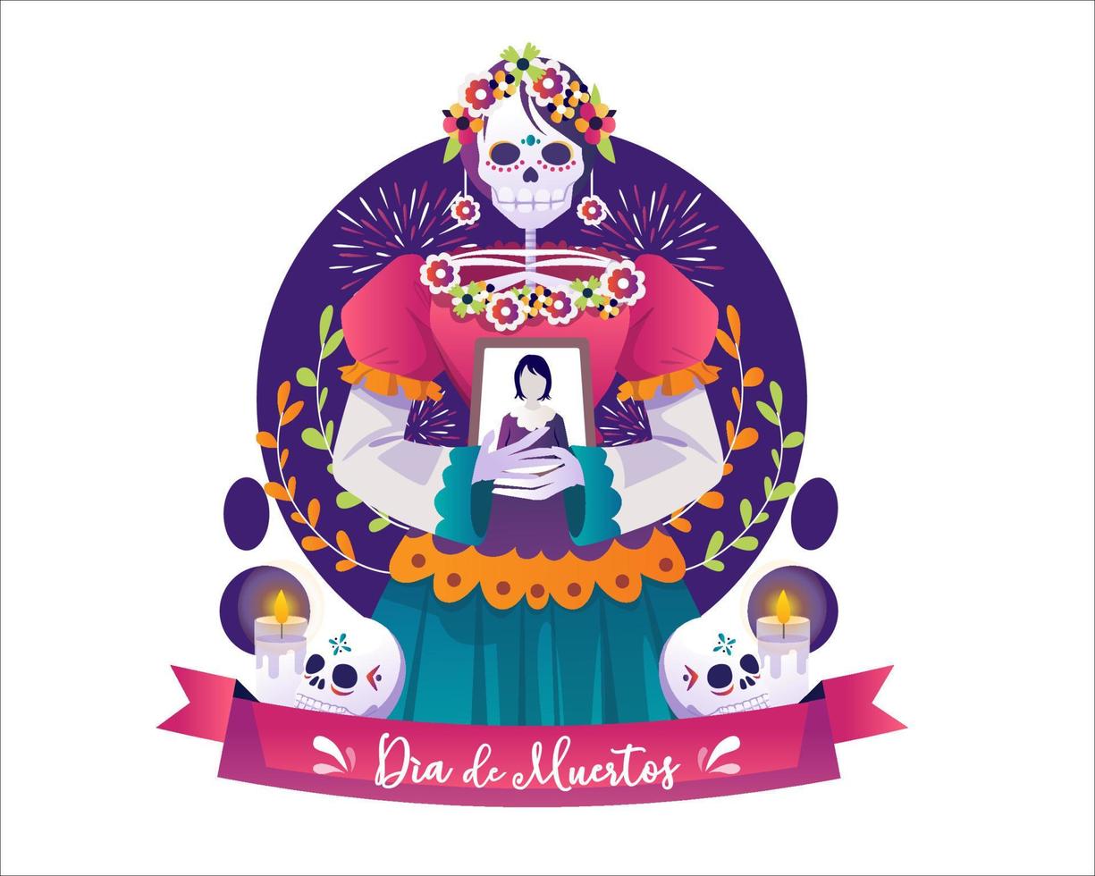 día de muertos, fiesta mexicana dia de los muertos con catrina calavera mujer vestida con un traje mexicano con fotos de una persona muerta. ilustración vectorial en estilo plano vector