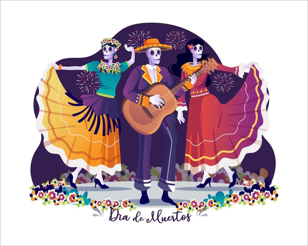 Day of Dead, Dia de Los Muertos with a mariachi musician skeleton, and Two Women Catrina dancing at a Mexican Holiday fiesta party. Vector illustration in flat style