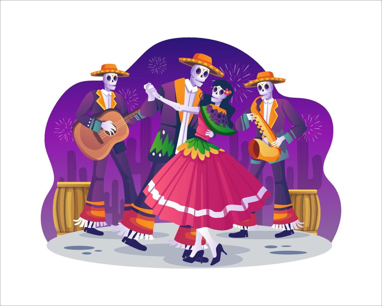 Day of Dead, Dia de Los Muertos Mexican Holiday with dancing Catrina Calavera and Mariachi musician skeletons with a sombrero playing music. Vector illustration in flat style