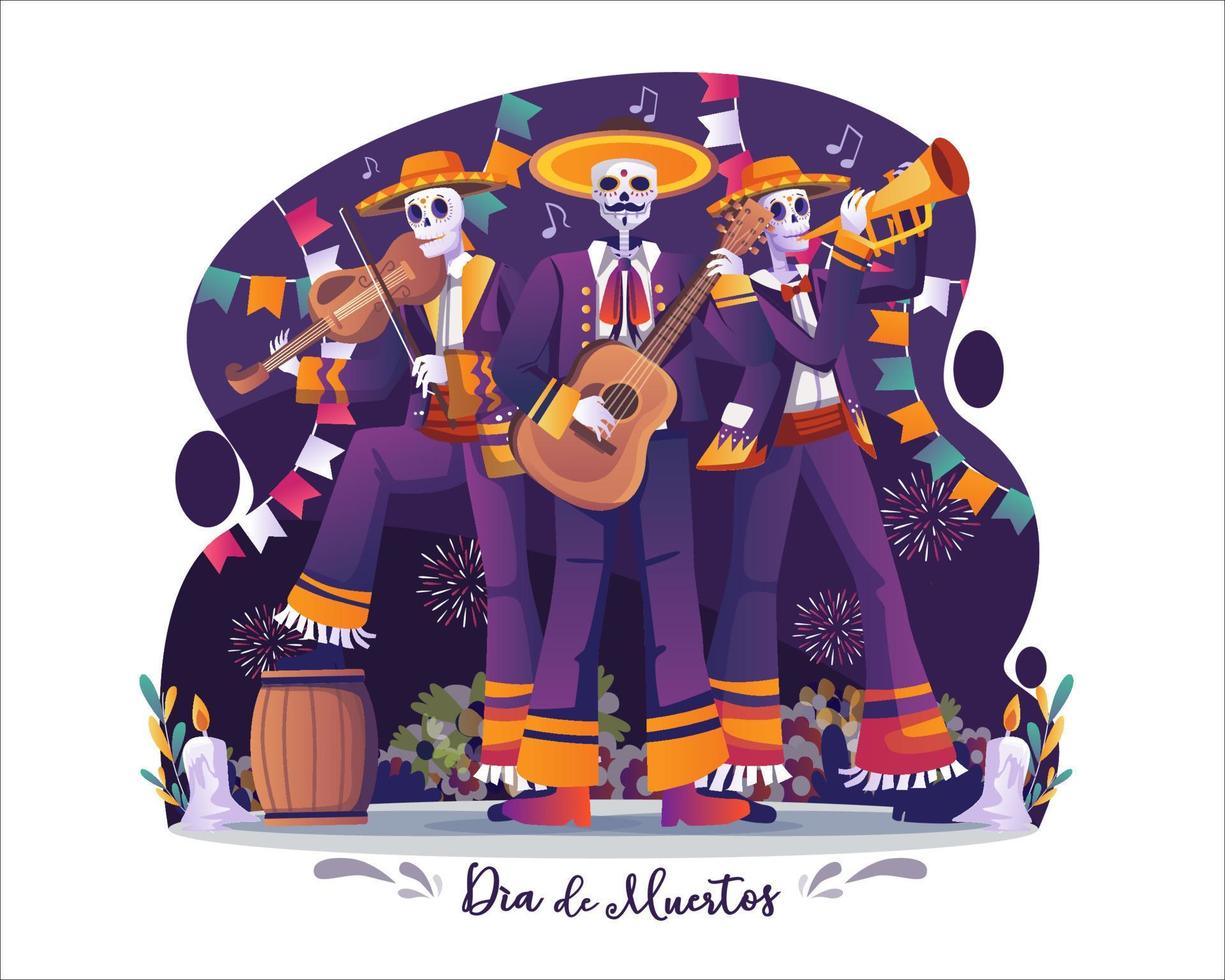 Day of Dead, Dia de Los Muertos with a group of mariachi musician skeleton playing the guitar, violin, and trumpet at a Mexican Holiday fiesta party. Vector illustration in flat style