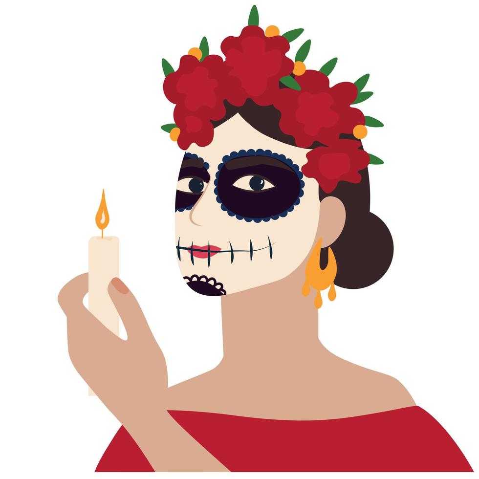 día de los muertos. ilustración de stock vectorial. con cabeza de mujer con maquillaje de dia de muertos y rosa en el pelo. Aislado en un fondo blanco. vector