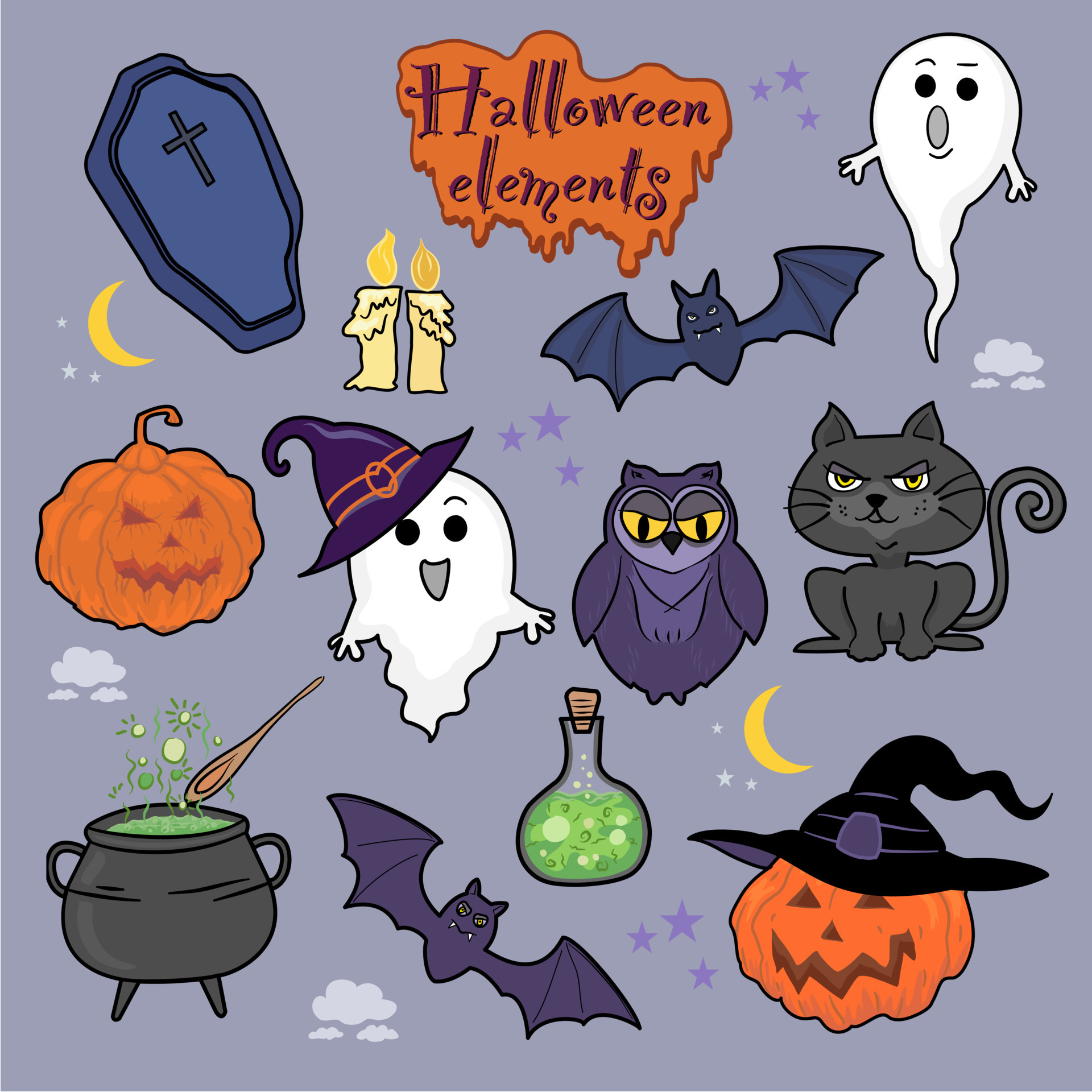 Free Vector  Set of horror halloween objects and cartoon characters