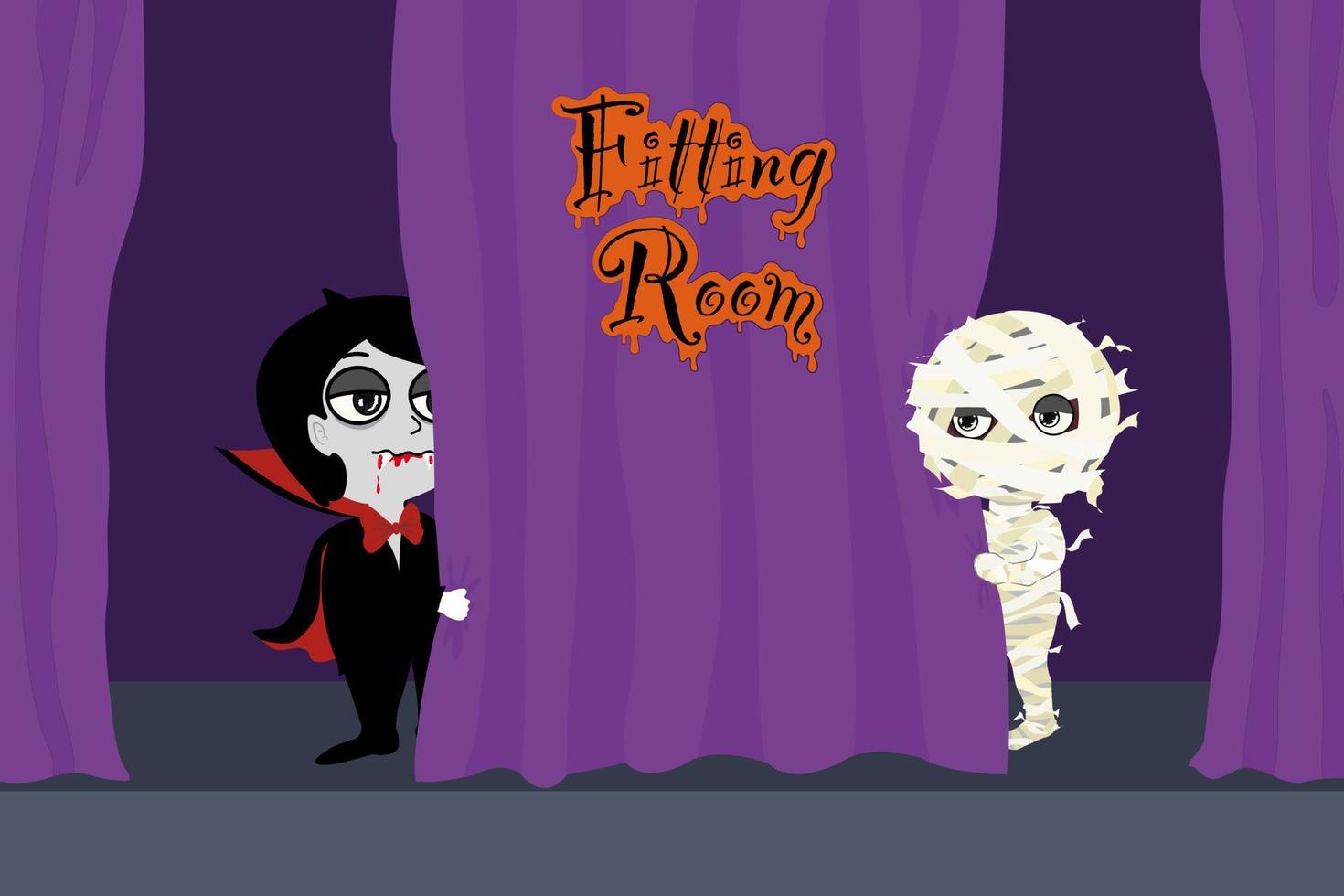 Vector cartoon drawing for Halloween  holiday celebration, young man Vampire with red blood on mouth in black suit, a boy Mummy in gray white cloth standing behind violet curtain in scary fitting room