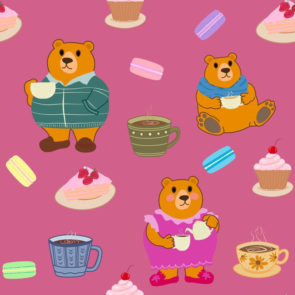 patrón vectorial sin fisuras de la bebida familiar de oso de peluche marrón, elementos dibujando al azar con postre dulce, pastel, quequito, macarrón y taza de café sobre tela de tela de fondo rosa, envoltura vector