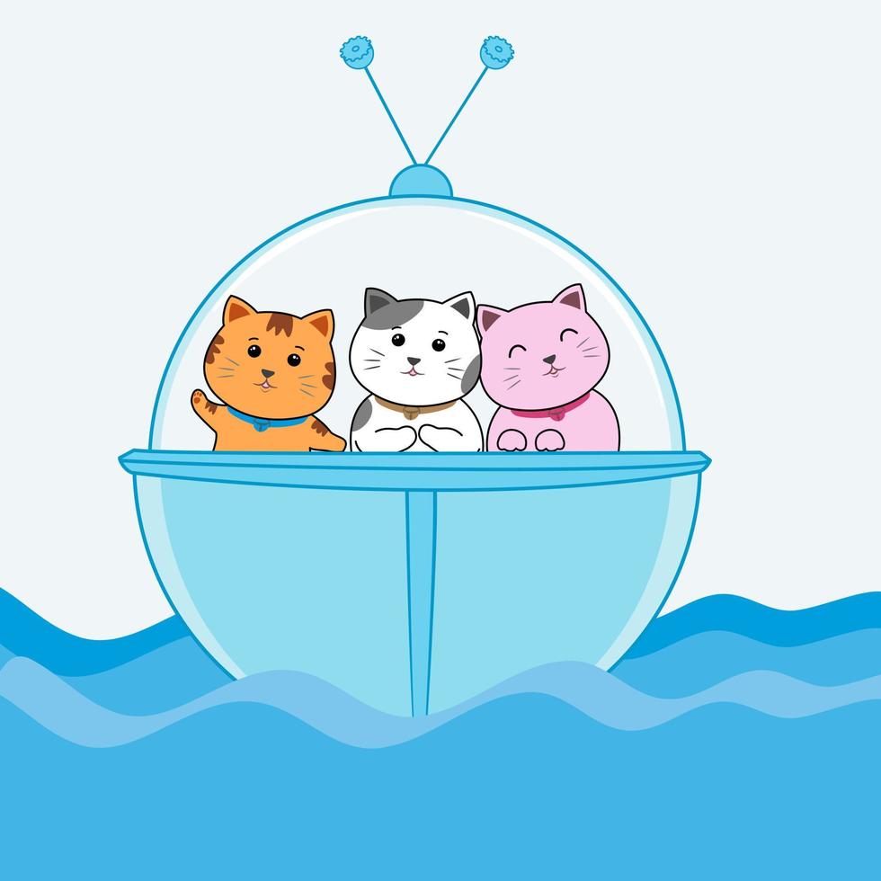 vector de dibujos animados de gatos, tres gatos lindos, rosa blanco marrón, en un bote de cápsula de gafas azules flotando en el mar azul