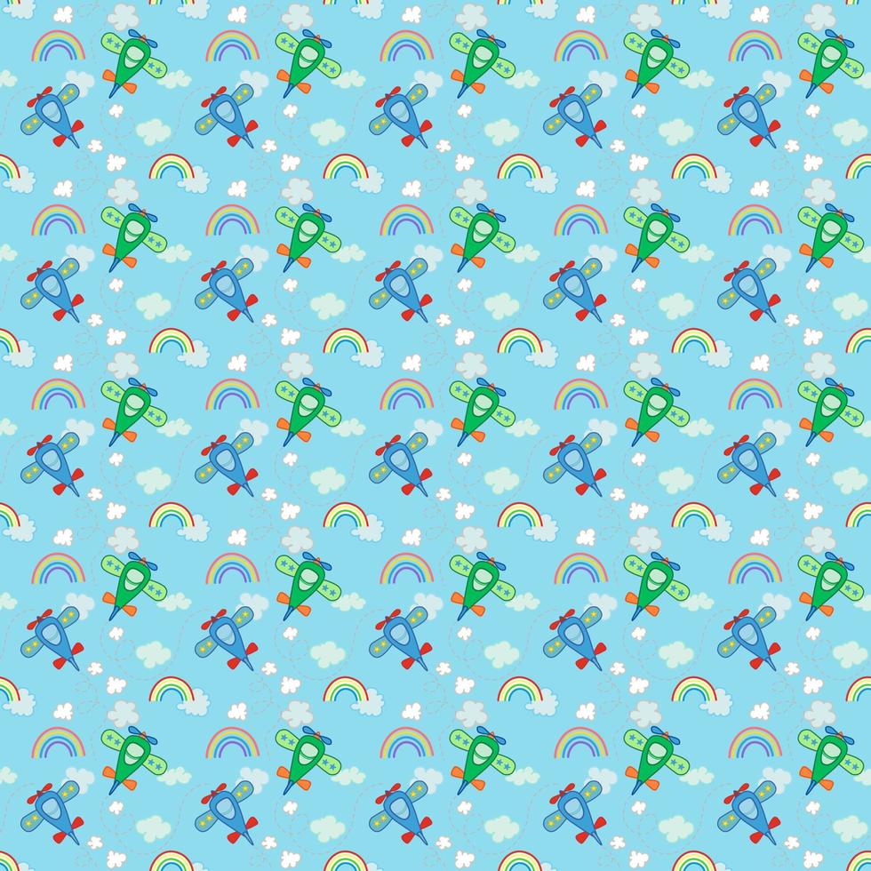 Vector seamless repeat pattern, blue and green airplane flying on blue sky with clouds and rainbow, random elements for fashion clothing fabric textiles, wallpaper, paper wrapping