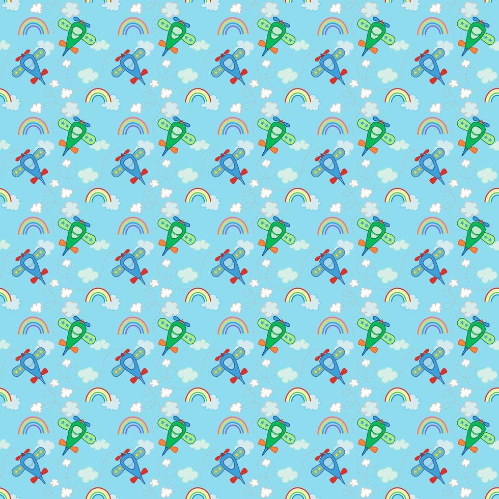 Vector seamless repeat pattern, blue and green airplane flying on blue sky with clouds and rainbow, random elements for fashion clothing fabric textiles, wallpaper, paper wrapping