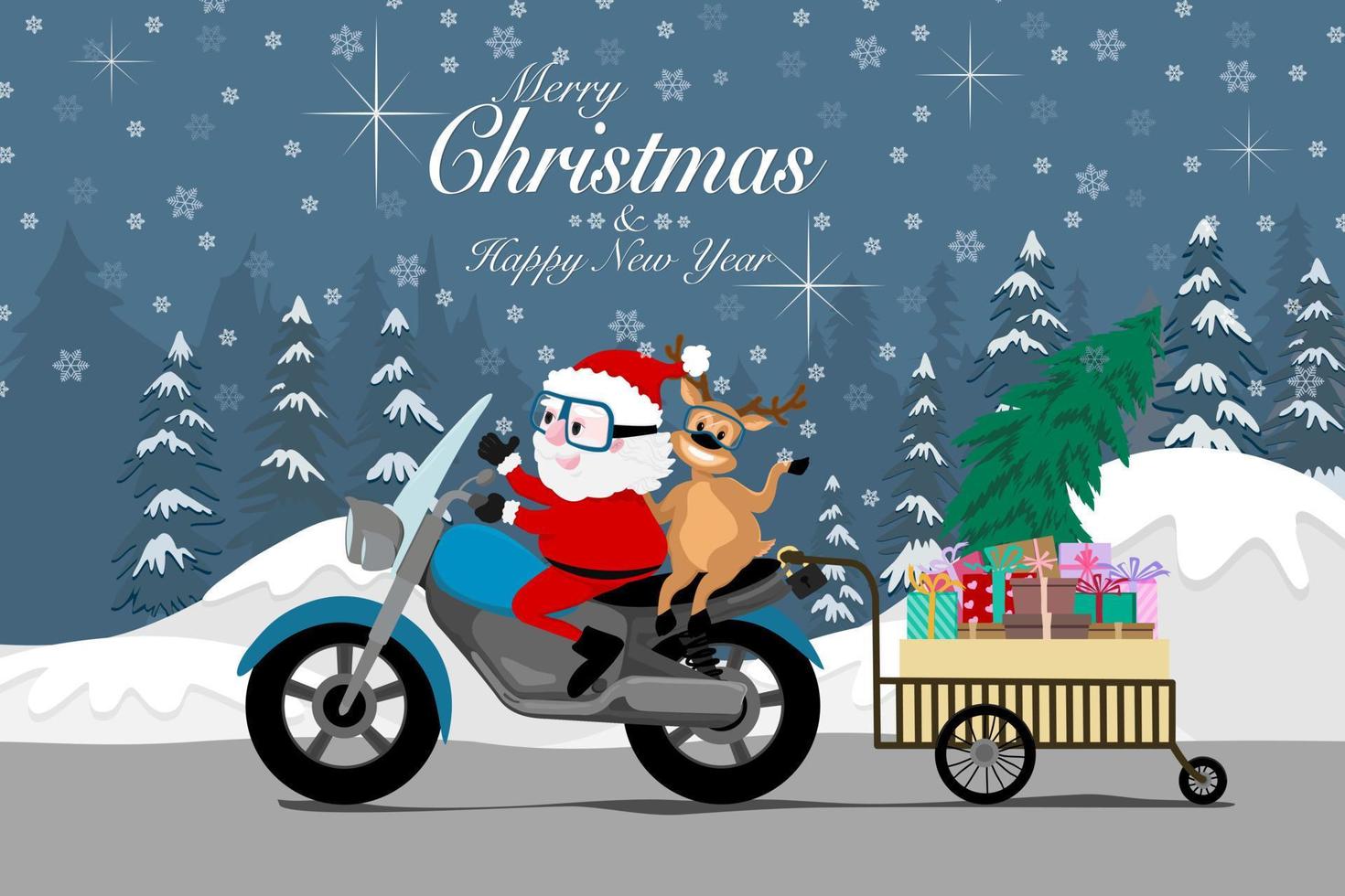 Vector Merry Christmas and happy new year greeting card, drawing of Santa Claus and reindeer riding motorcycle delivery gifts in a cart on road, frozen pine trees and snowflakes on background