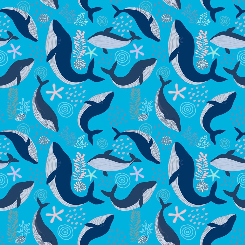 Vector seamless pattern with Blue Whale and Shell, coral, star fish, illustration abstract animal in ocean drawing on blue background for fashion fabric textiles printing, wallpaper and paper wrapping
