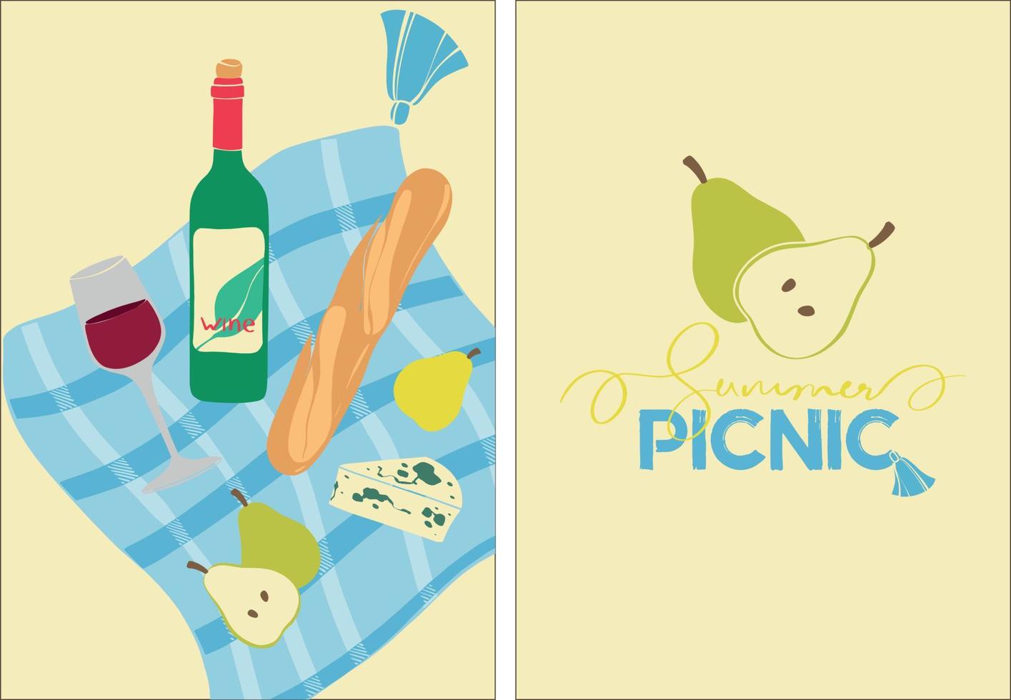 Picnic in nature. Summer illustration with bottle of wine, brie cheese and pears. Summer picnic poster set. Modern poster with organic products. Summer event invitation. Flat design. vector