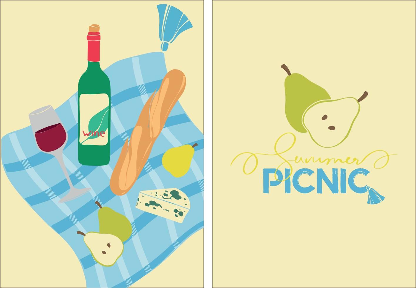 picnic en la naturaleza. ilustración de verano con botella de vino, queso brie y peras. conjunto de carteles de picnic de verano. cartel moderno con productos orgánicos. invitación al evento de verano. diseño plano. vector