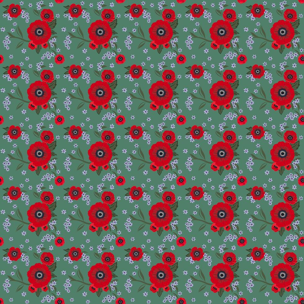 Vector seamless repeat pattern drawing of red flower bouquets random on green background with small purple petal flora, for fashion clothing fabric textiles printed wallpaper paper wrapping