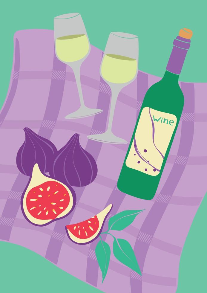 picnic en la naturaleza. ilustración vectorial con una botella de vino, higos y vasos llenos. Velada romantica. cartel moderno con productos orgánicos. invitación al evento de verano. diseño plano. vector