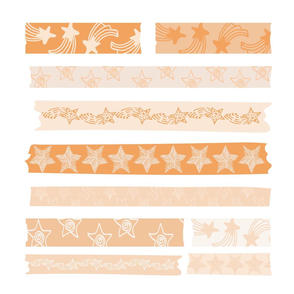 Large set of scotch tape strips with various hand-drawn designs. Pastel stars with different patterns. Scotch tape stickers. Vector illustration