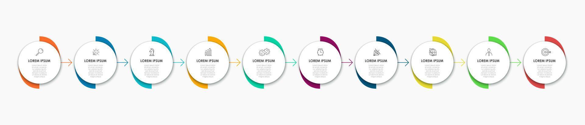 Business Infographics template. Timeline with 10 steps, options and marketing icons .Vector linear infographic with two circle conected elements. Can be use for presentation. vector