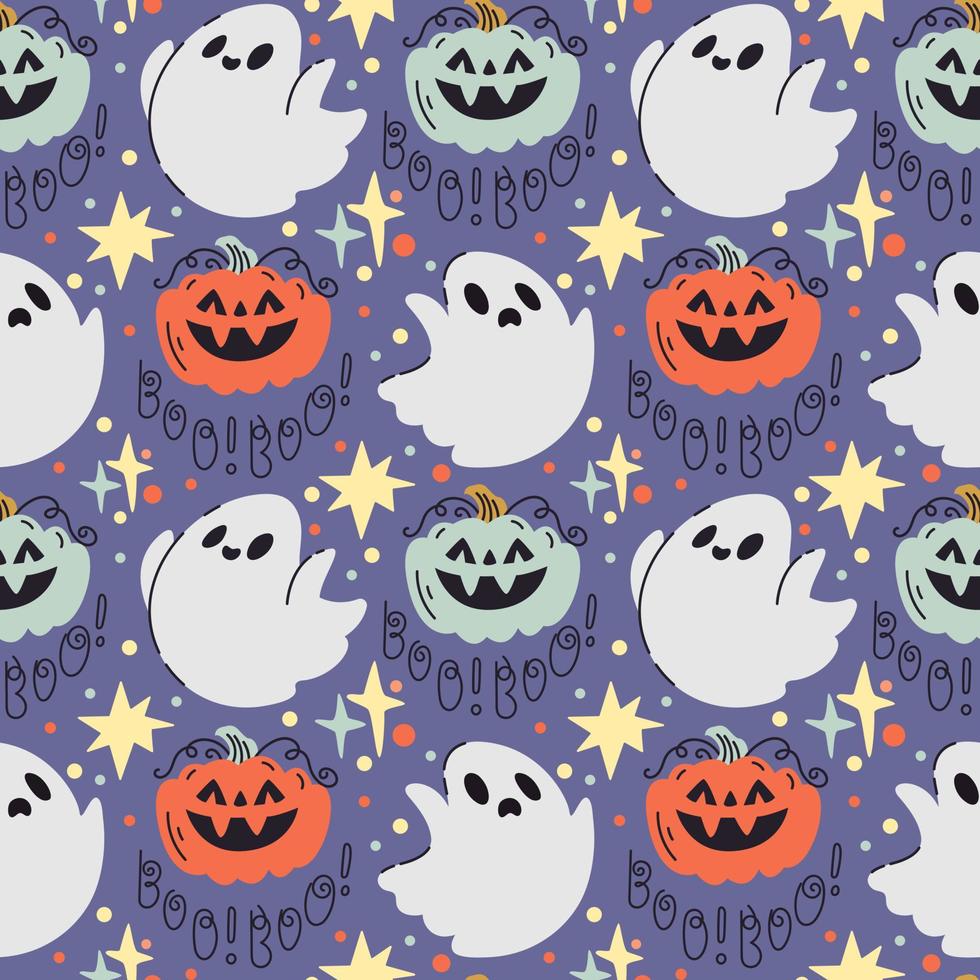 Spooky Halloween seamless pattern in cute doodle style with ghost, pumpkin, lettering boo and stars on purple background vector