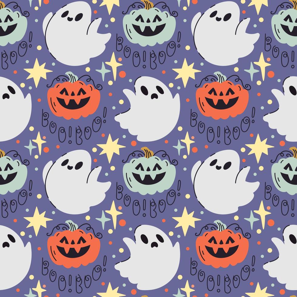 Spooky Halloween seamless pattern in cute doodle style with ghost, pumpkin, lettering boo and stars on purple background vector