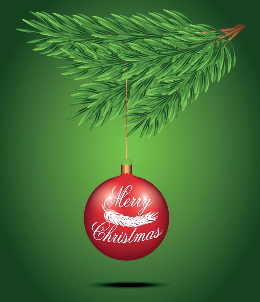 red Christmas tree ball hanging on a green spruce branch. On a green background. Template for text, design element, copy space, postcard, social media, cover design. New Year and Christmas vector