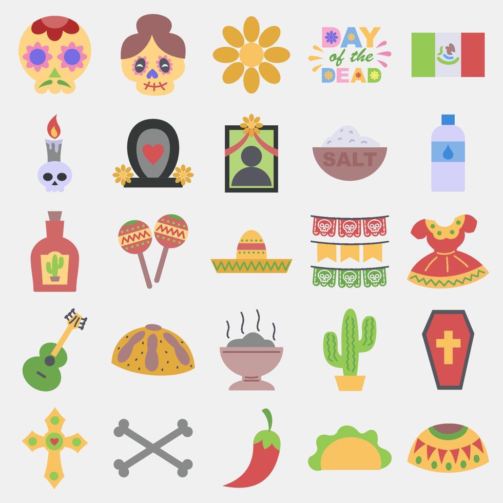 conjunto de iconos día de los muertos. elementos de celebración del día de los muertos. iconos de estilo plano. bueno para impresiones, carteles, logotipos, decoración de fiestas, tarjetas de felicitación, etc. vector