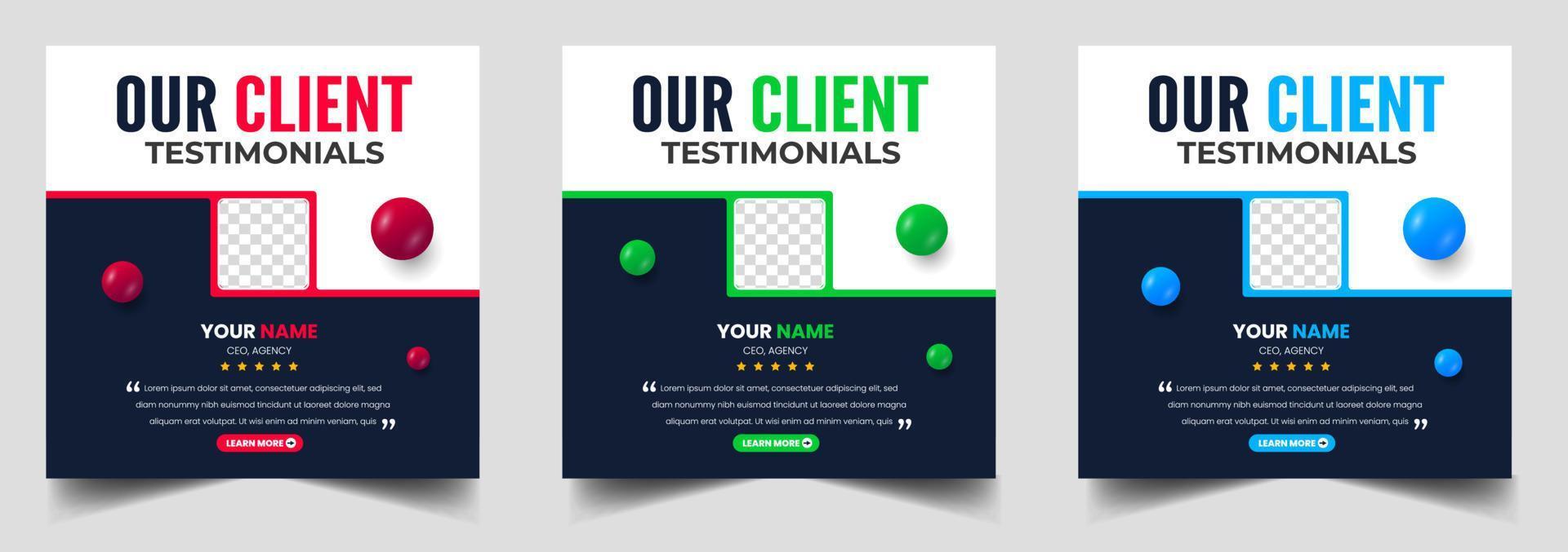 Customer feedback testimonial social media post web banner template. client testimonials social media post banner design template with red, green and blue color. vector