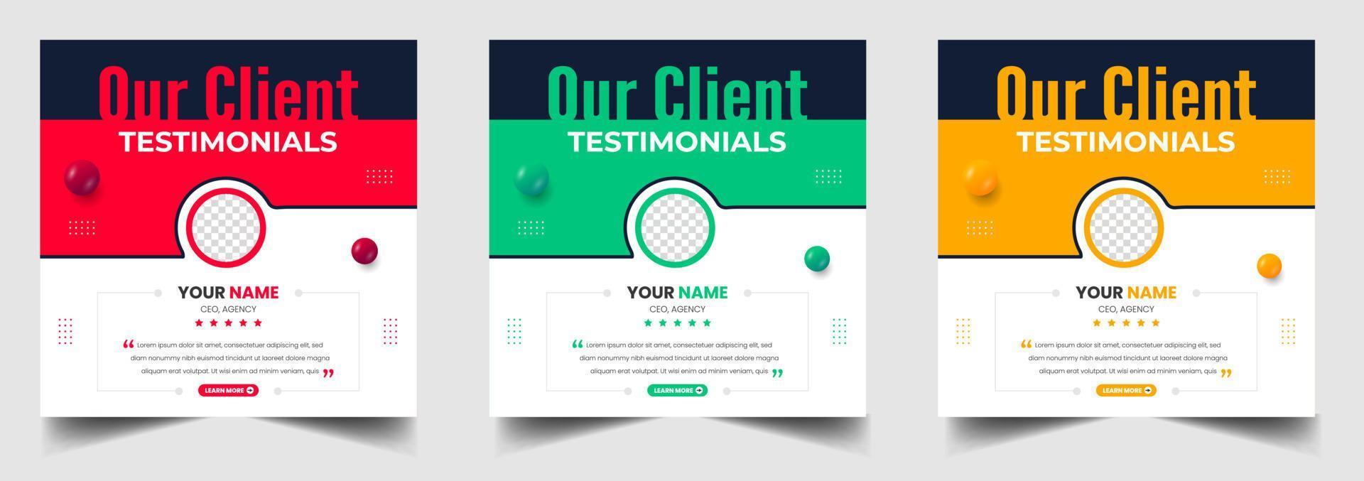 Customer feedback testimonial social media post web banner template. client testimonials social media post banner design template with red, green and yellow color. vector