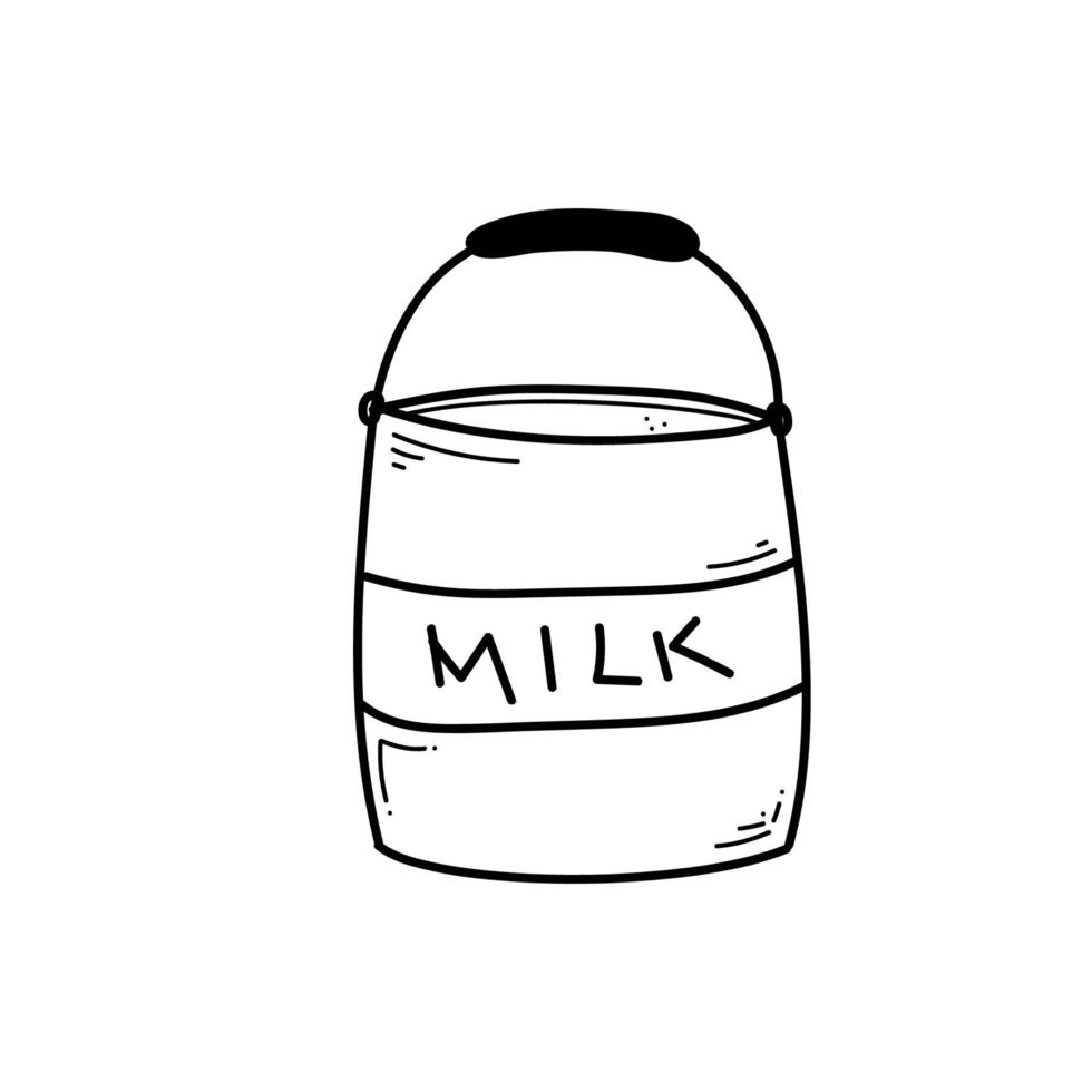 Doodle milk can with lettering, black hand drawn icon. Thin line sketch drawing. Hand drawn illustration for dairy products vector