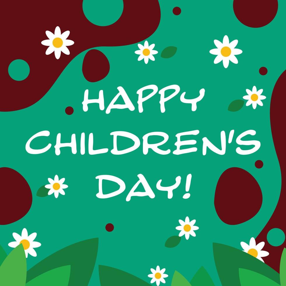 feliz tarjeta de felicitación del día internacional del niño. sobre un fondo verde con flores vector