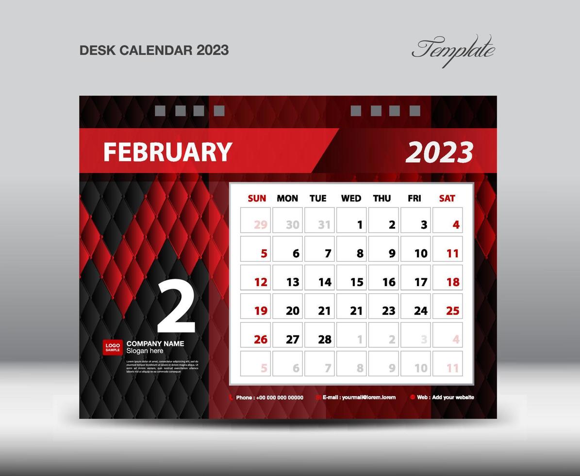 February 2023 year- Desk Calendar 2023 template vector, Week starts Sunday, Planner design, Stationery design, flyer design, wall calendar 2023 year design, printing media creative idea design vector
