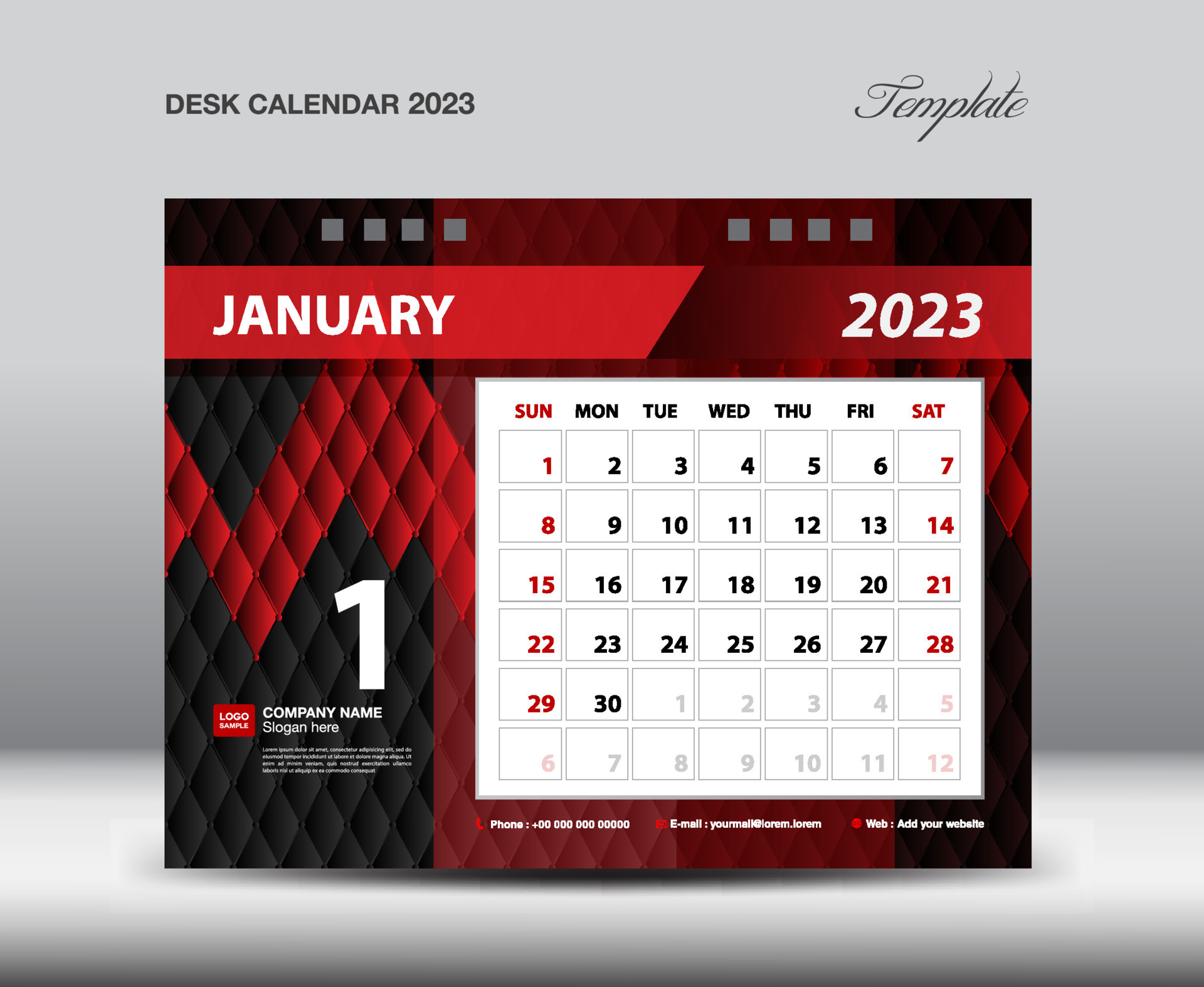 January 2023 year- Desk Calendar 2023 template vector, Week starts