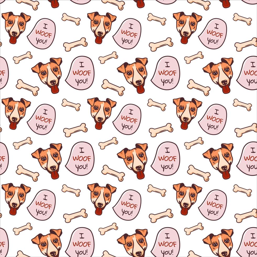 Cartoon pattern with the image of a Jack Russell terrier dogs head on a white background with the addition of treats, bones. Vector illustration