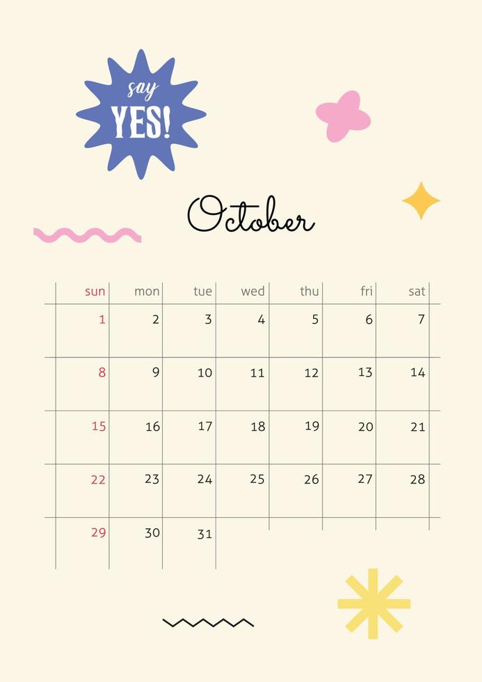 The page with the month October 2023 with retro stickers in bright tones. Vertical poster in a geometric style. Vector illustration design