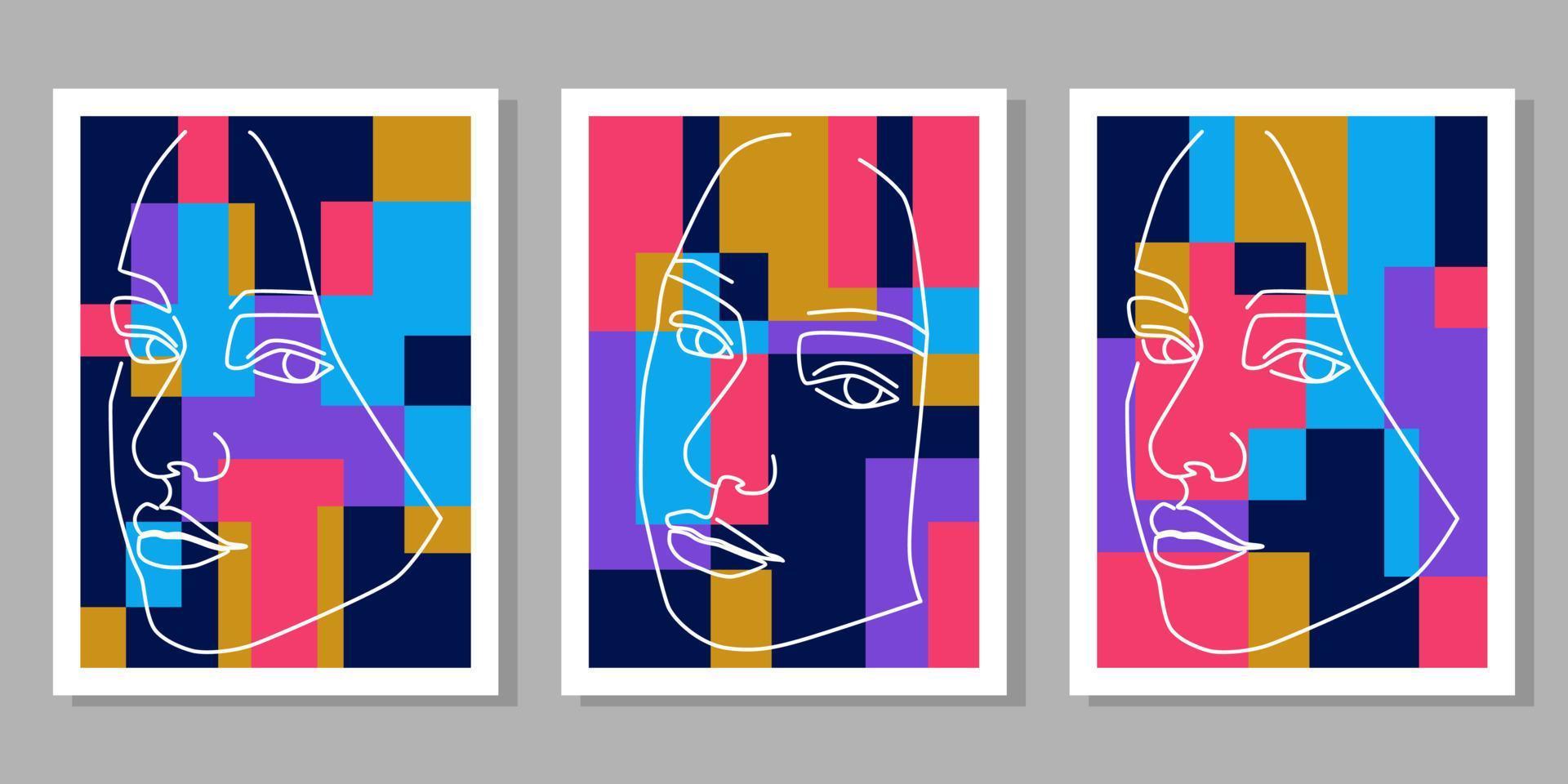 Abstract contemporary line portrait face boho poster template collection vector