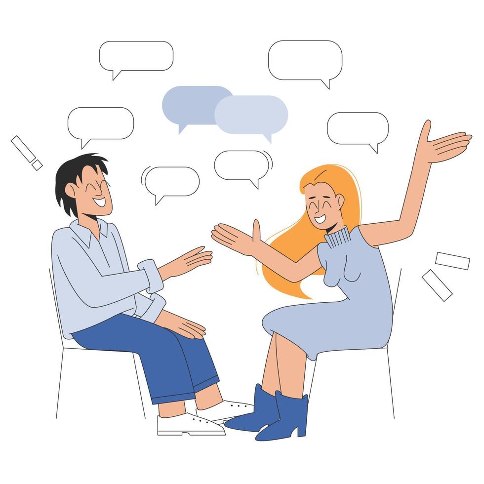 A productive dialogue between a man and a woman. Two people are sitting on chairs and talking. Vector illustration on a white background in flat style.