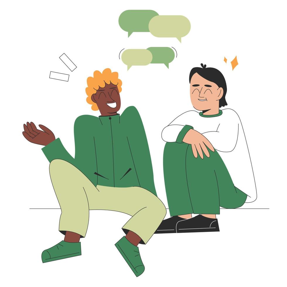 A productive dialogue between two men of different nationalities. Confabulation. Vector illustration on a white background in flat style.
