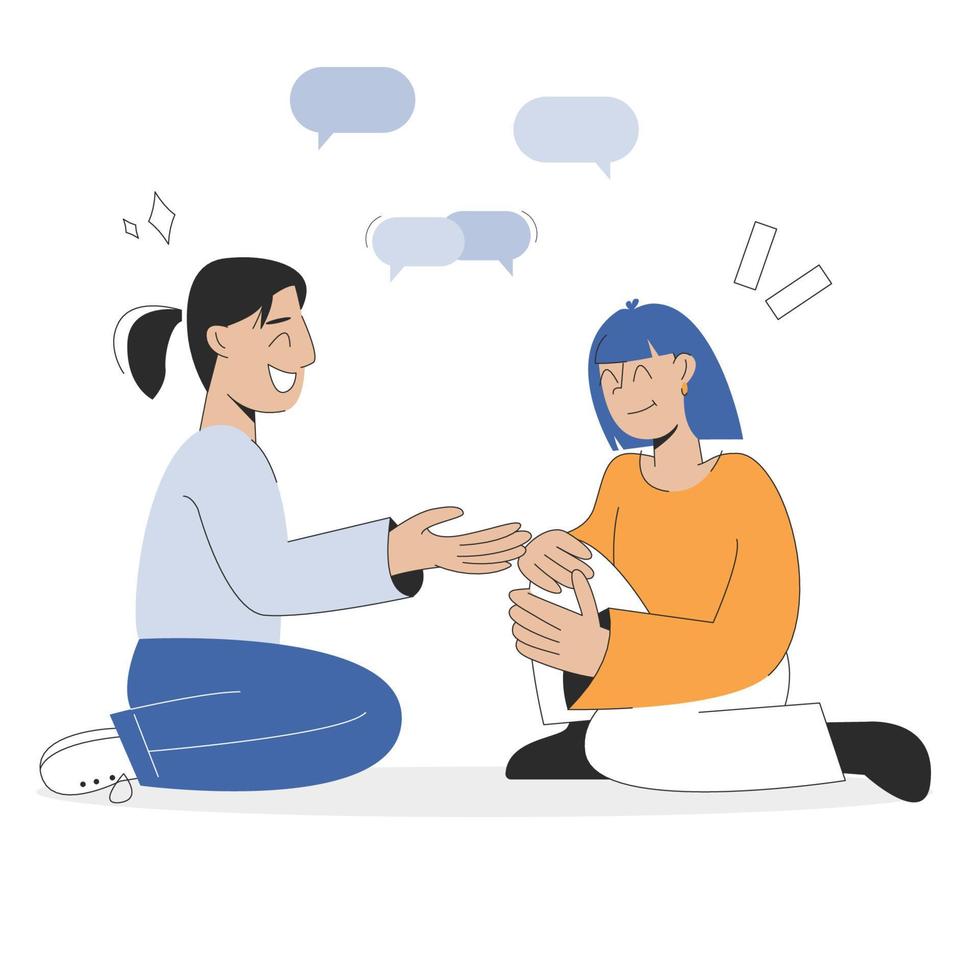 A productive dialogue between a man and a woman. Two people are sitting and talking. Vector illustration on a white background in flat style.