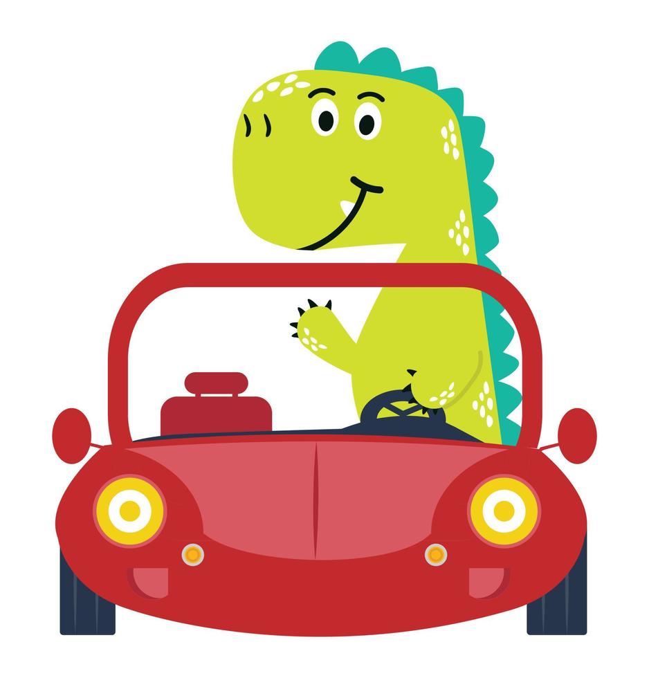 Cute dino drive funny car cartoon vector